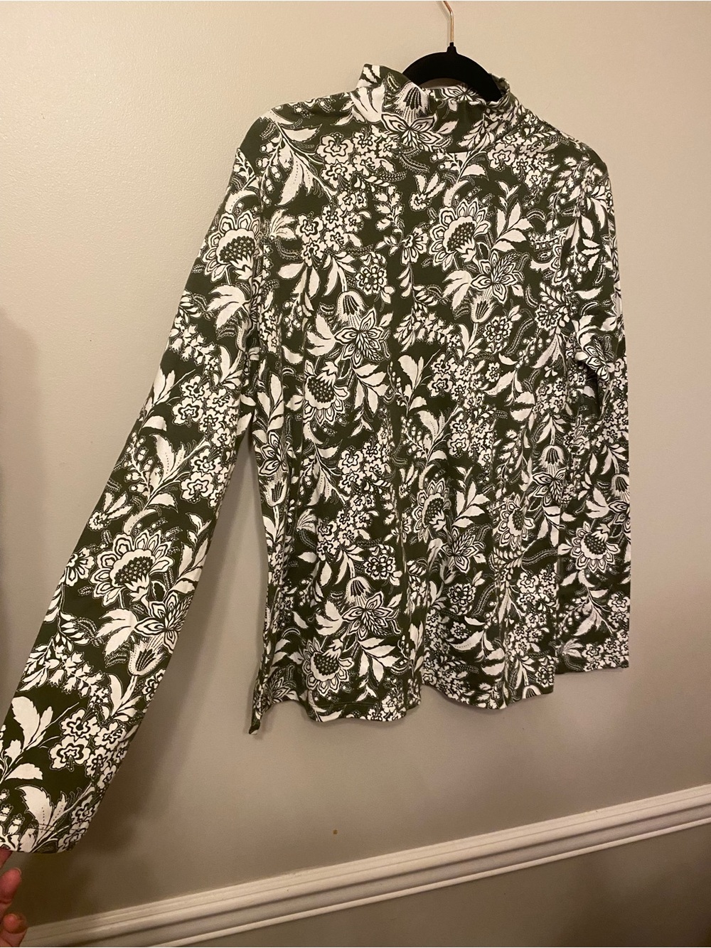 Kim Rogers Olive & White Floral Mock Neck Long Sleeve Top